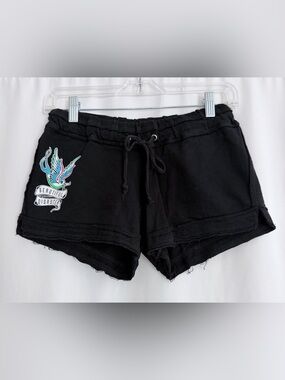 Black Women's Lounge Shorts with Embroidered Bird Patch